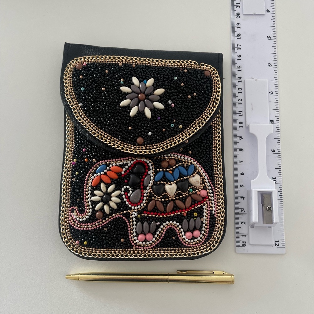 Black Mini Bag with Intricate Embroidery and Elephant Motif